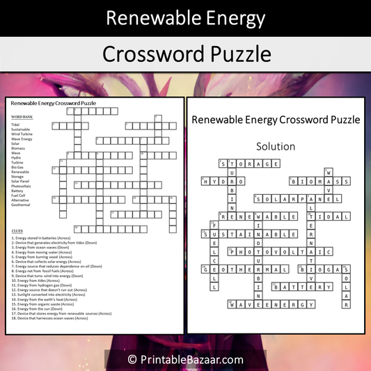 Renewable Energy Crossword Puzzle Worksheet Activity Printable PDF