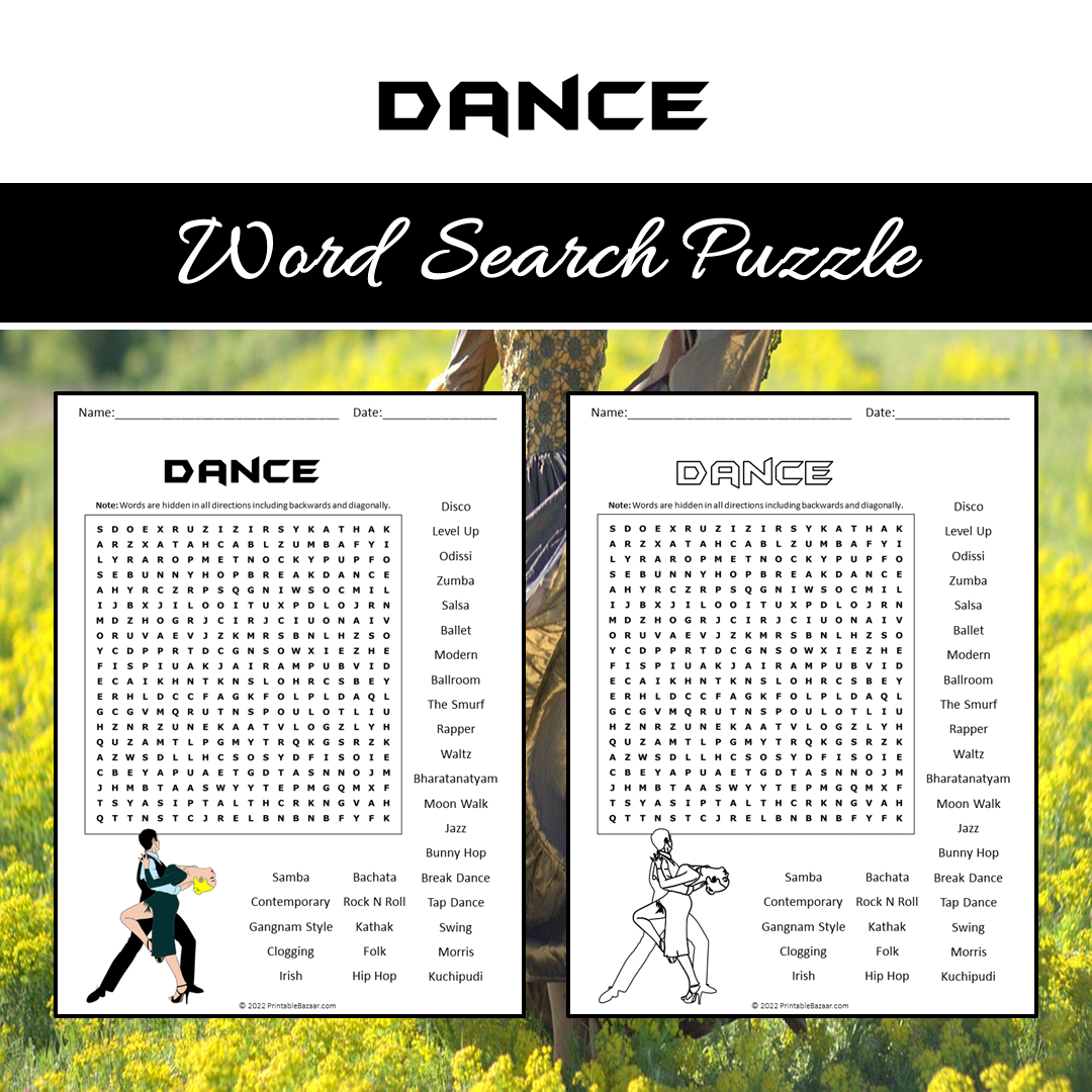 Dance Word Search Puzzle Worksheet PDF