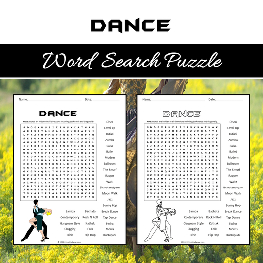 Dance Word Search Puzzle Worksheet PDF