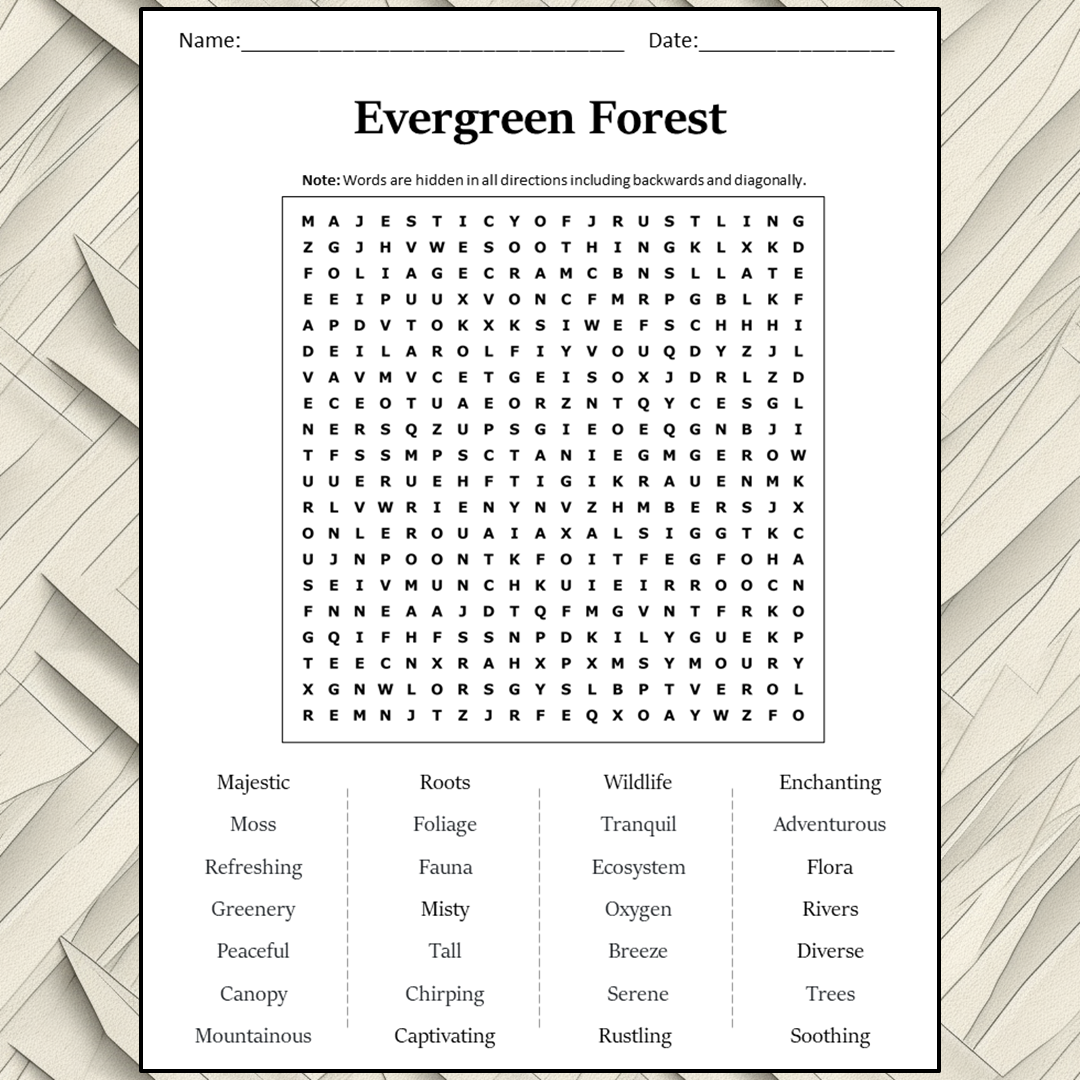 Evergreen Forest Word Search Puzzle Worksheet Activity PDF