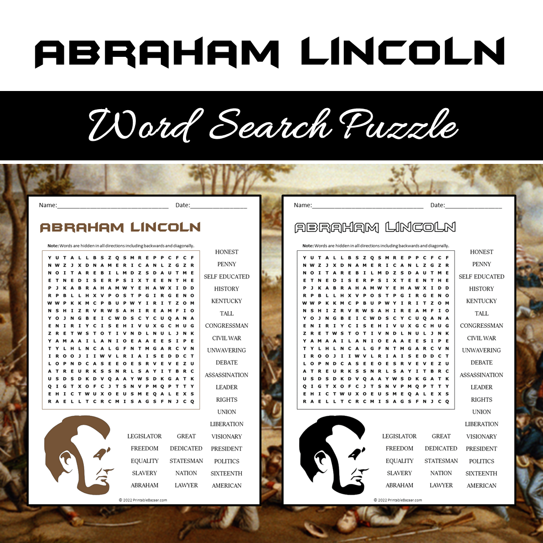 Abraham Lincoln Word Search Puzzle Worksheet PDF