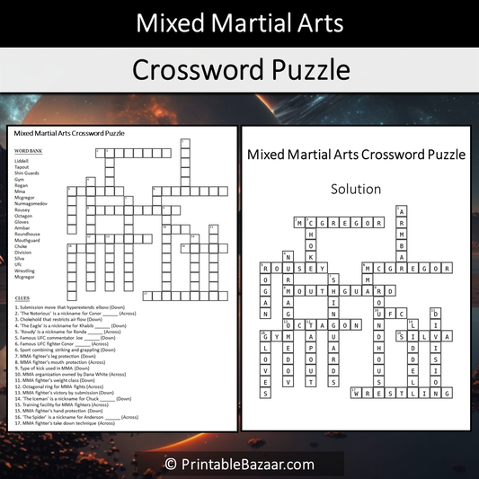 Mixed Martial Arts Crossword Puzzle Worksheet Activity Printable PDF