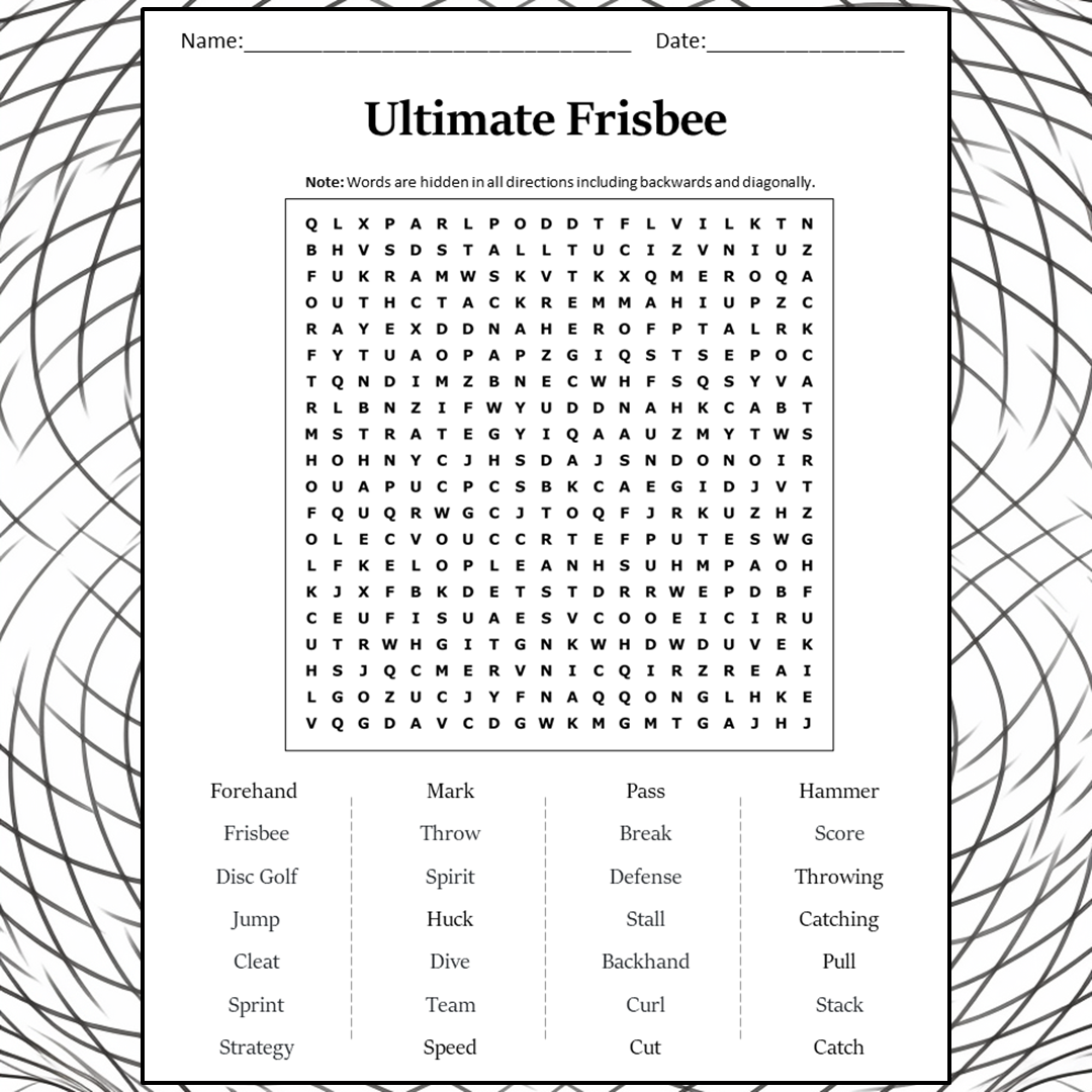 Ultimate Frisbee Word Search Puzzle Worksheet Activity PDF