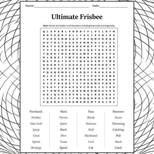 Ultimate Frisbee Word Search Puzzle Worksheet Activity PDF