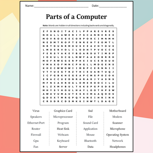 Parts Of A Computer Word Search Puzzle Worksheet Activity PDF