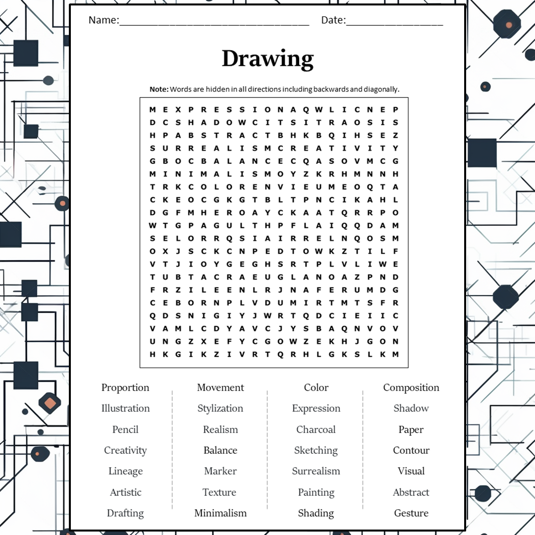 Drawing Word Search Puzzle Worksheet Activity PDF