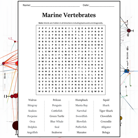 Marine Vertebrates Word Search Puzzle Worksheet Activity PDF