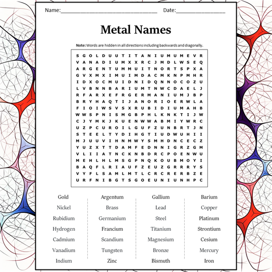 Metal Names Word Search Puzzle Worksheet Activity PDF