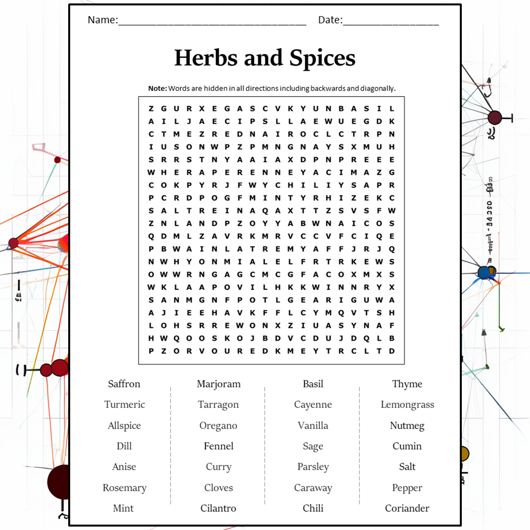 Herbs And Spices Word Search Puzzle Worksheet Activity PDF