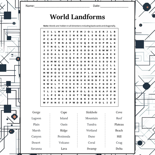 World Landforms Word Search Puzzle Worksheet Activity PDF