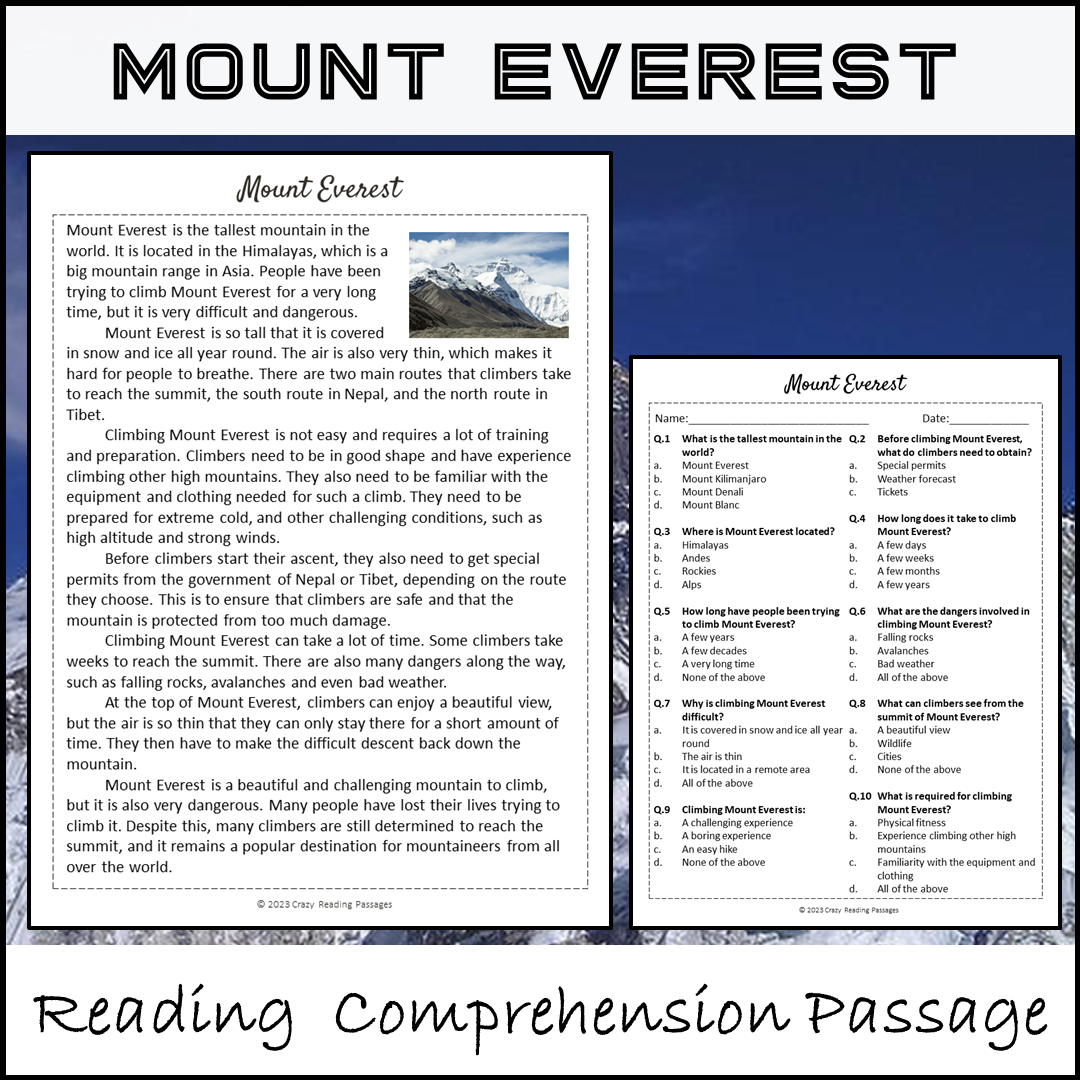 Mount Everest Reading Comprehension Passage and Questions | Printable PDF