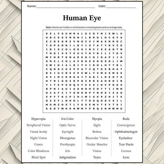 Human Eye Word Search Puzzle Worksheet Activity PDF