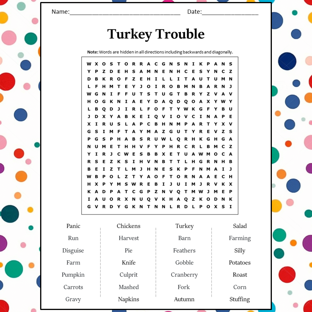 Turkey Trouble Word Search Puzzle Worksheet Activity PDF