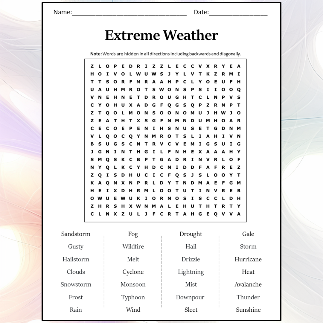 Extreme Weather Word Search Puzzle Worksheet Activity PDF