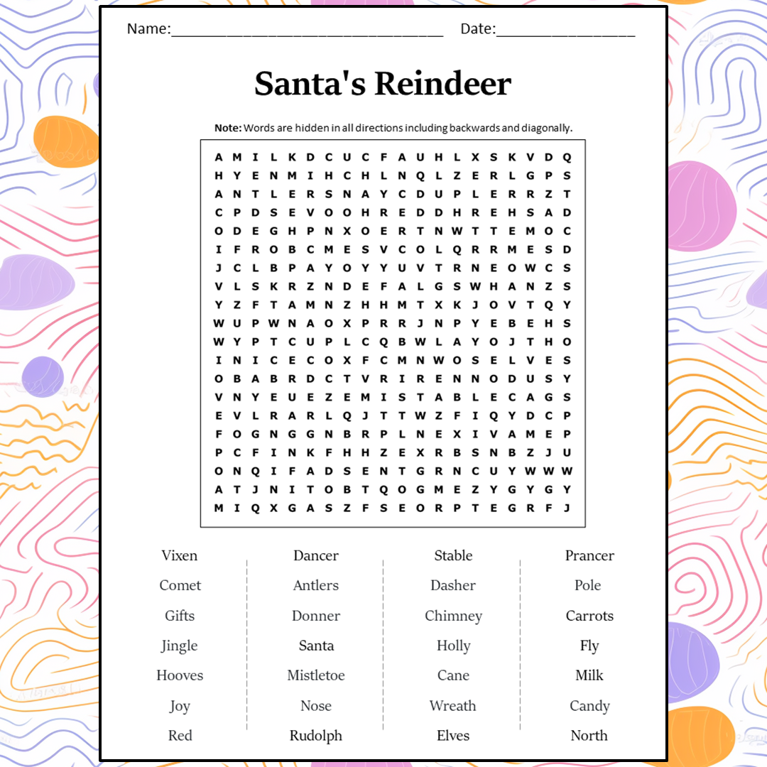 Santa's Reindeer Word Search Puzzle Worksheet Activity PDF