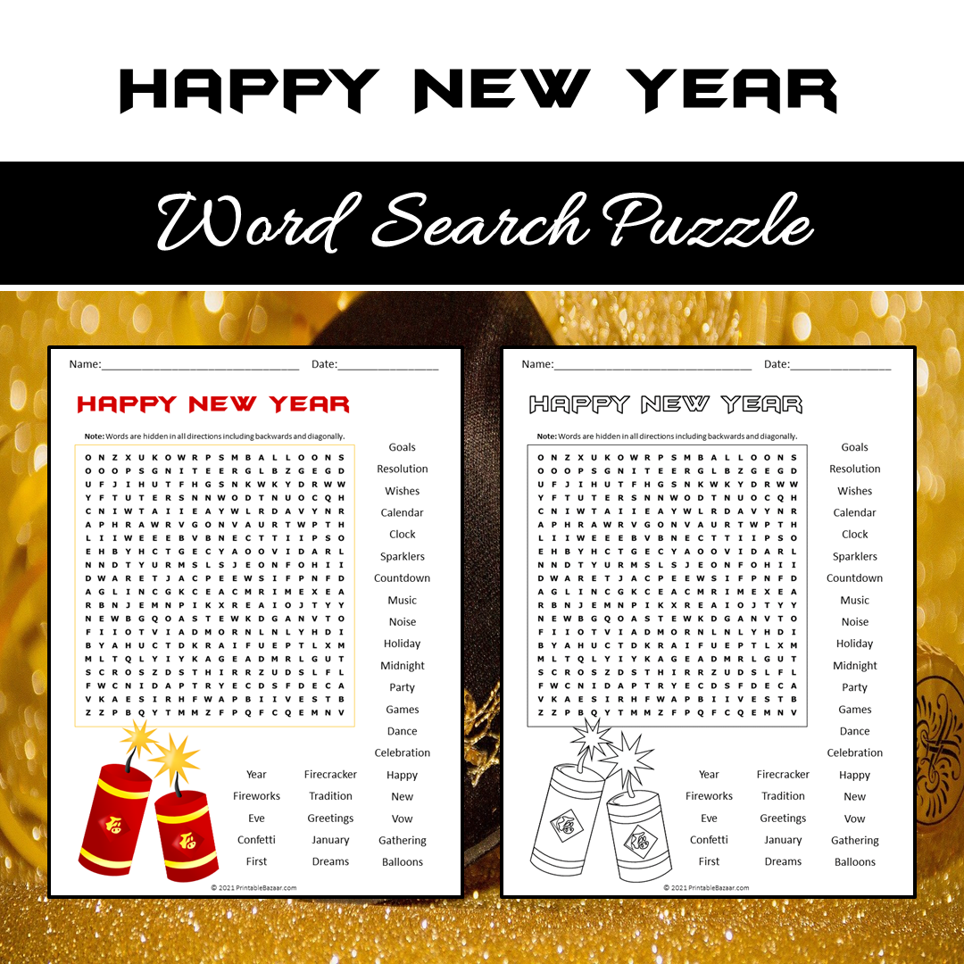 Happy New Year Word Search Puzzle Worksheet PDF