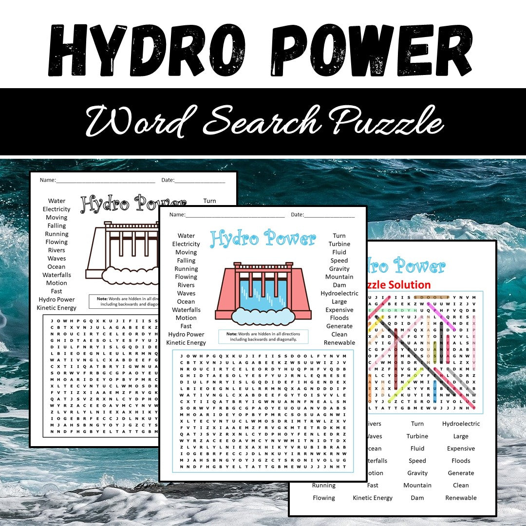 Hydro Power Word Search Puzzle Worksheet PDF