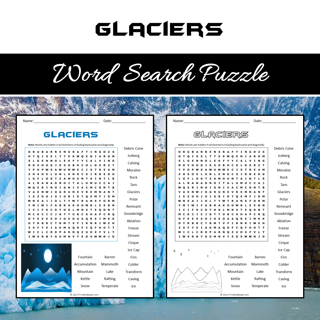Glaciers Word Search Puzzle Worksheet PDF