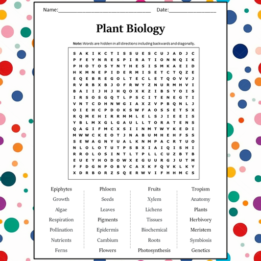 Plant Biology Word Search Puzzle Worksheet Activity PDF