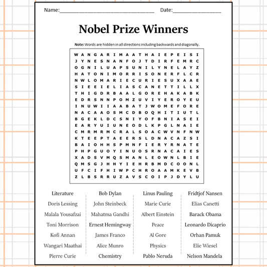 Nobel Prize Winners Word Search Puzzle Worksheet Activity PDF