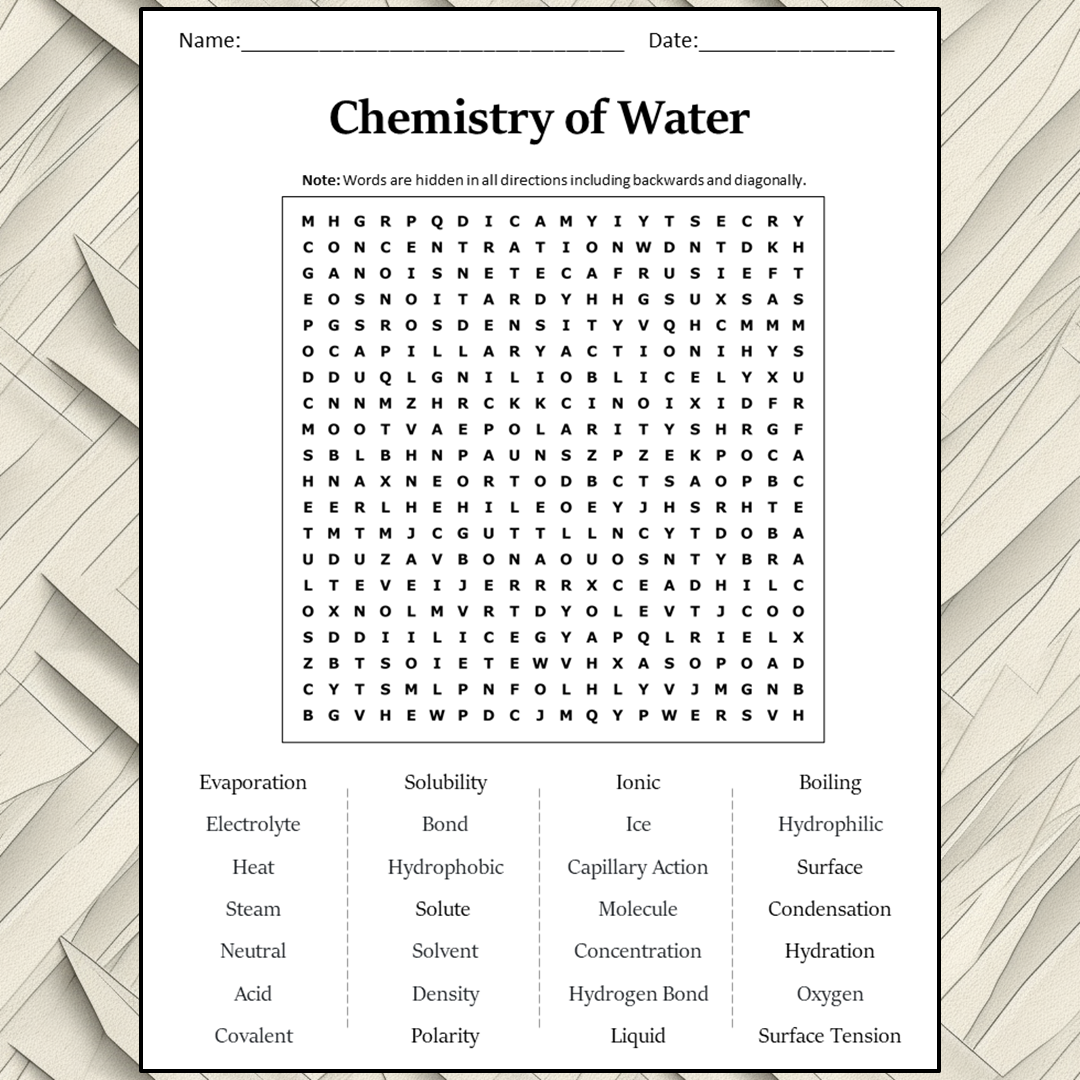 Chemistry Of Water Word Search Puzzle Worksheet Activity PDF