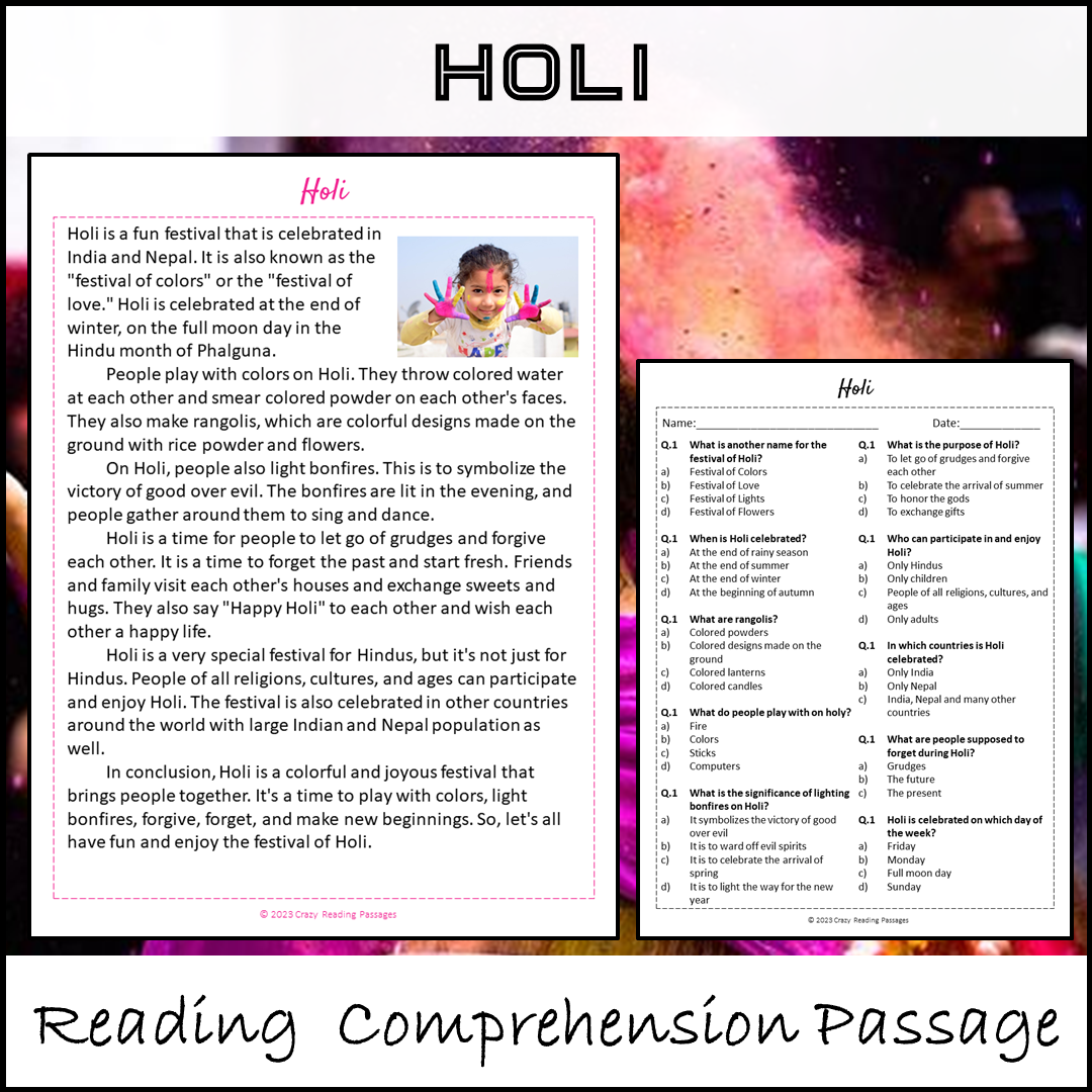 Holi Reading Comprehension Passage and Questions | Printable PDF