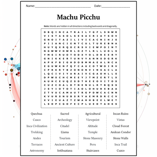 Machu Picchu Word Search Puzzle Worksheet Activity PDF