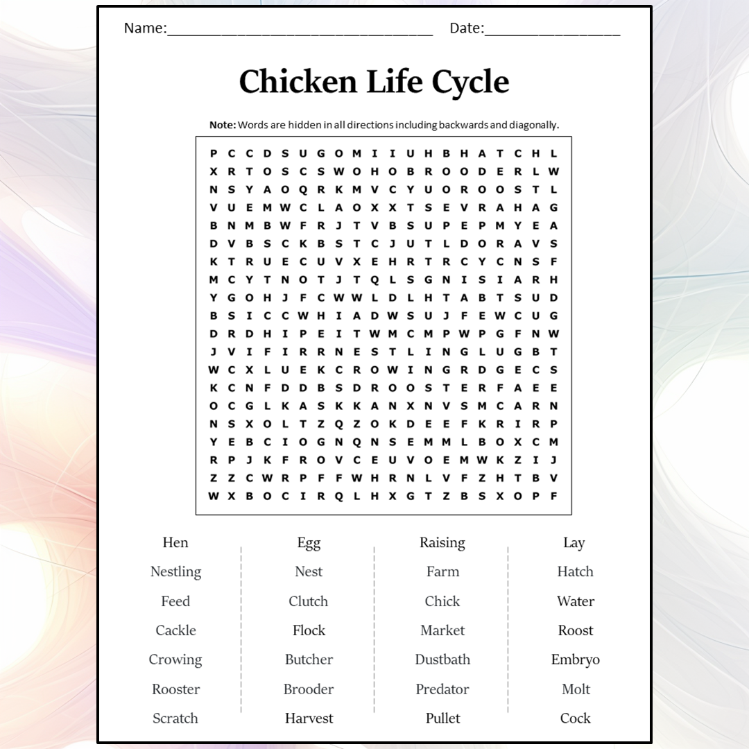 Chicken Life Cycle Word Search Puzzle Worksheet Activity PDF