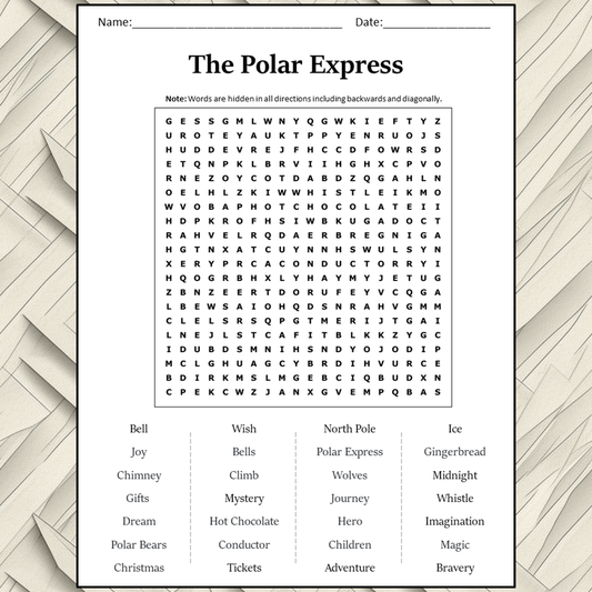 The Polar Express Word Search Puzzle Worksheet Activity PDF