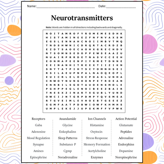 Neurotransmitters Word Search Puzzle Worksheet Activity PDF