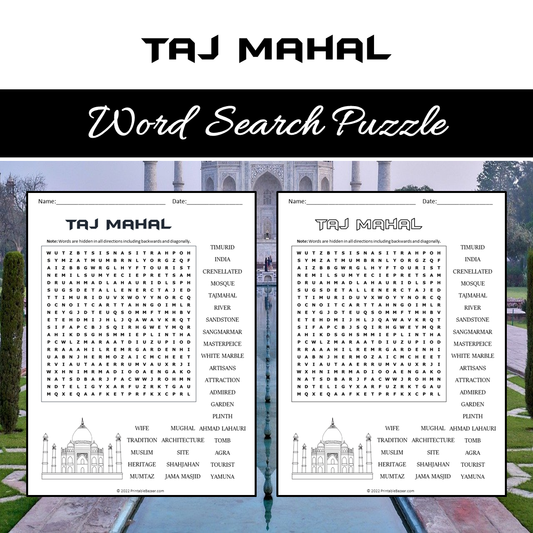 Taj Mahal Word Search Puzzle Worksheet PDF