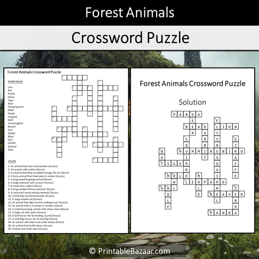 Forest Animals Crossword Puzzle Worksheet Activity Printable PDF