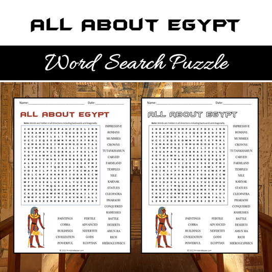 All About Egypt Word Search Puzzle Worksheet PDF