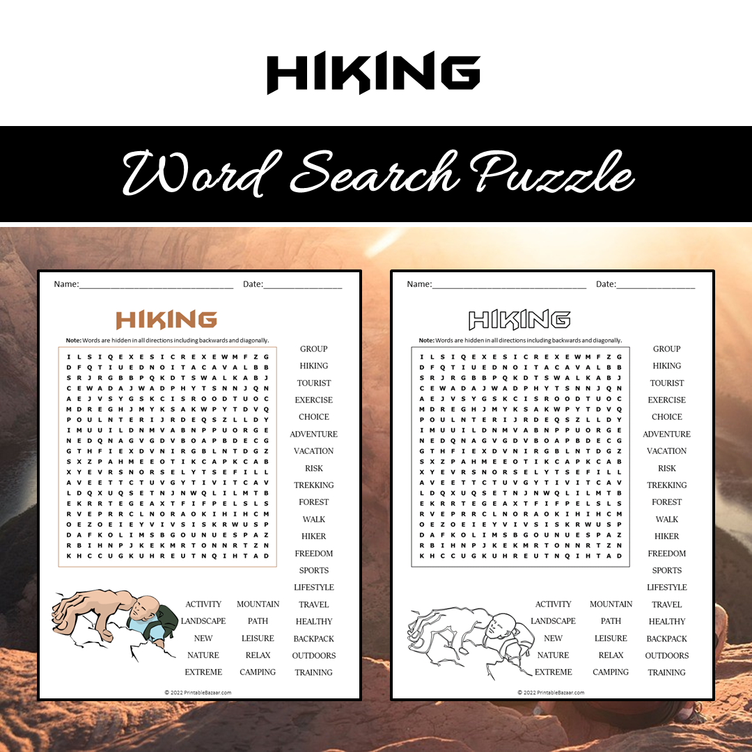 Hiking Word Search Puzzle Worksheet PDF