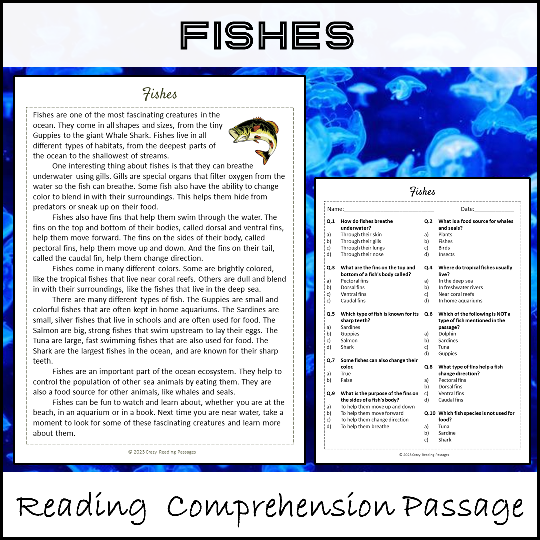 Fishes Reading Comprehension Passage and Questions | Printable PDF