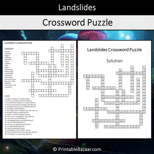 Landslides Crossword Puzzle Worksheet Activity Printable PDF