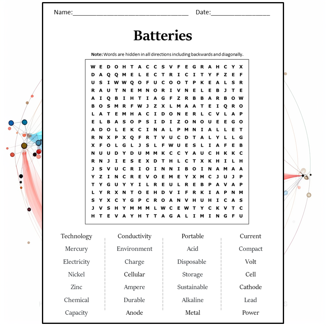 Batteries Word Search Puzzle Worksheet Activity PDF