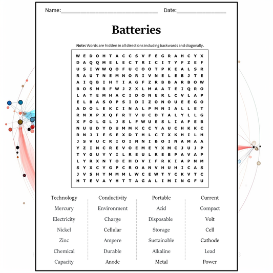 Batteries Word Search Puzzle Worksheet Activity PDF