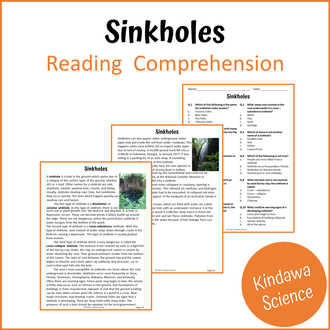 Sinkholes Reading Comprehension Passage and Questions | Printable PDF