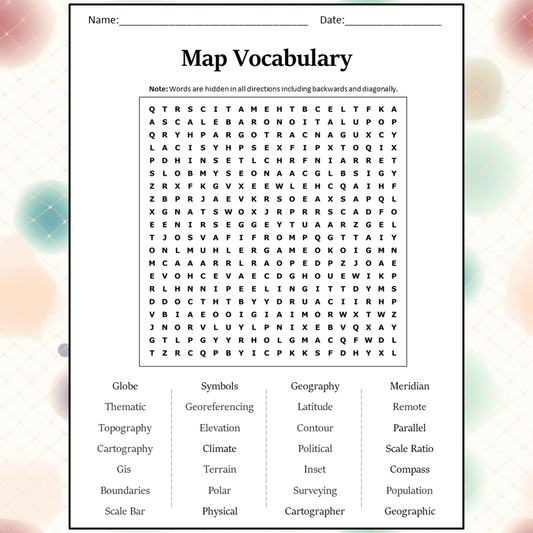 Map Vocabulary Word Search Puzzle Worksheet Activity PDF