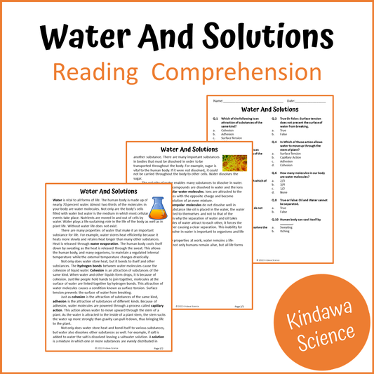 Water And Solutions Reading Comprehension Passage and Questions | Printable PDF