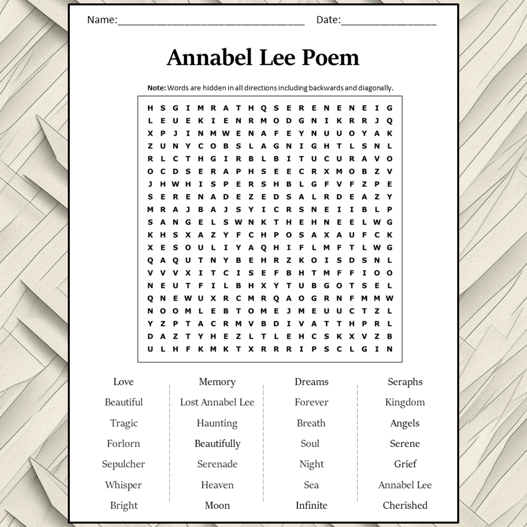 Annabel Lee Poem Word Search Puzzle Worksheet Activity PDF