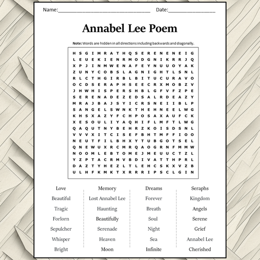 Annabel Lee Poem Word Search Puzzle Worksheet Activity PDF