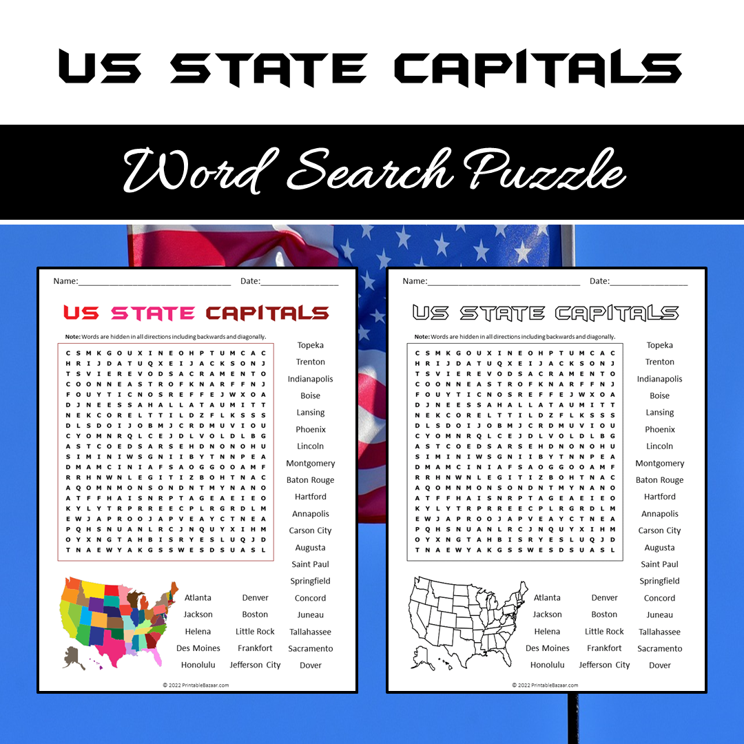 Us State Capitals Word Search Puzzle Worksheet PDF