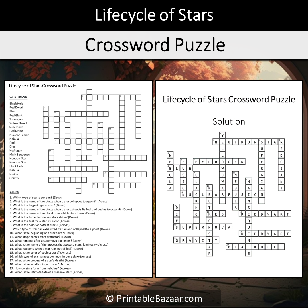 Lifecycle Of Stars Crossword Puzzle Worksheet Activity Printable PDF