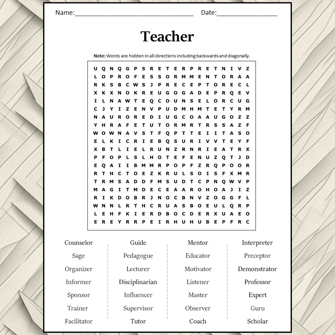 Teacher Word Search Puzzle Worksheet Activity PDF