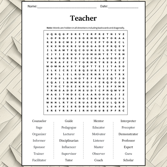 Teacher Word Search Puzzle Worksheet Activity PDF