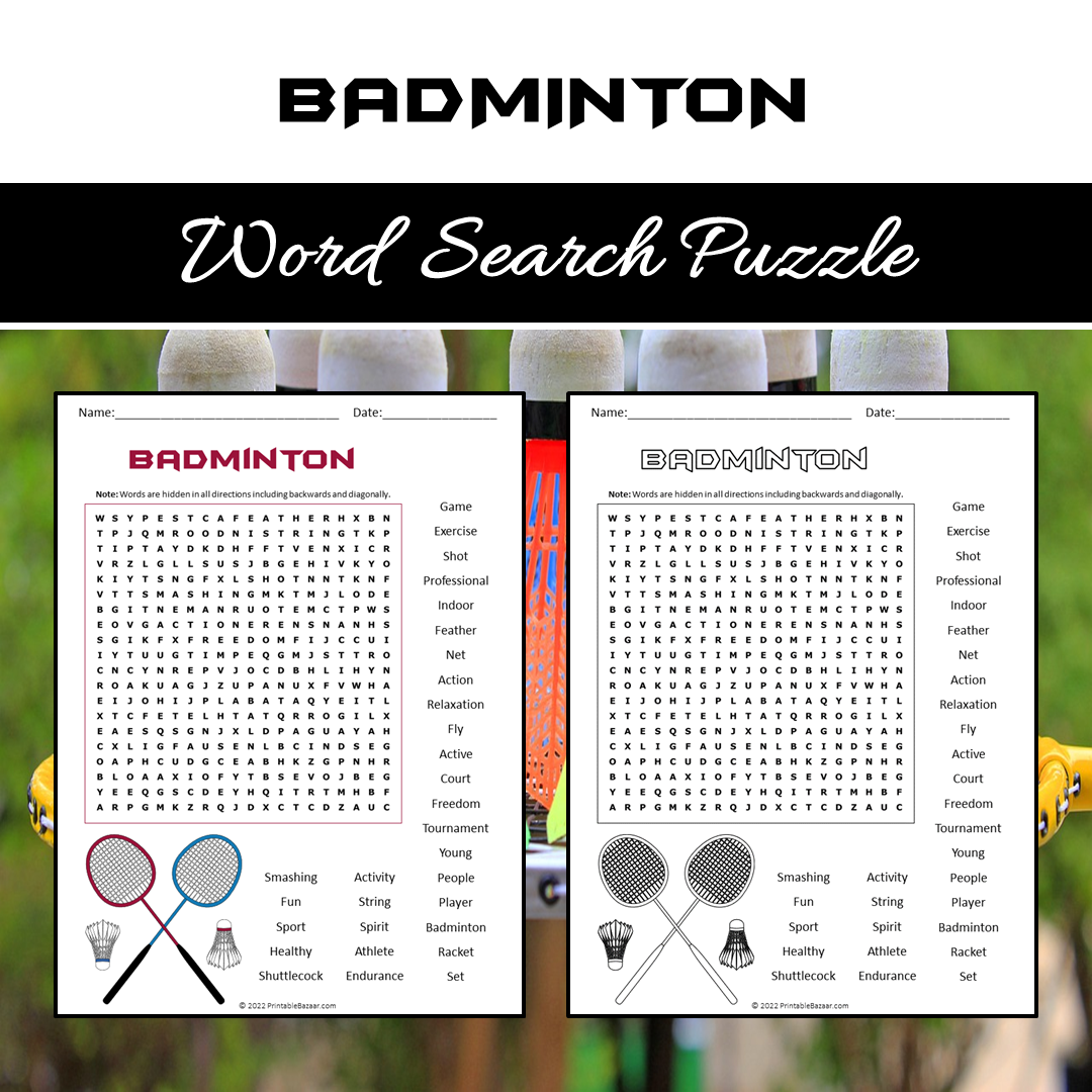 Badminton Word Search Puzzle Worksheet PDF