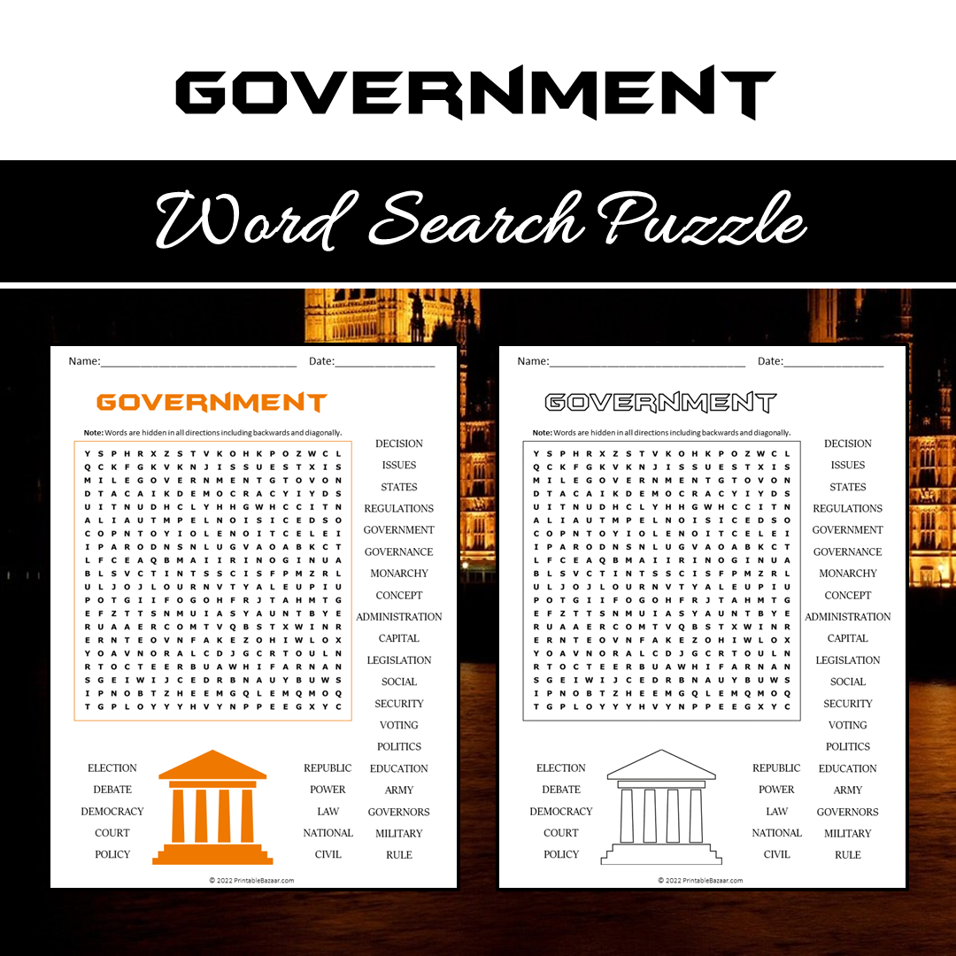 Government Word Search Puzzle Worksheet PDF