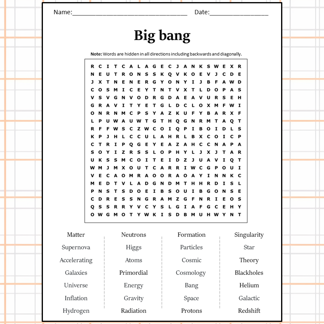 Big Bang Word Search Puzzle Worksheet Activity PDF